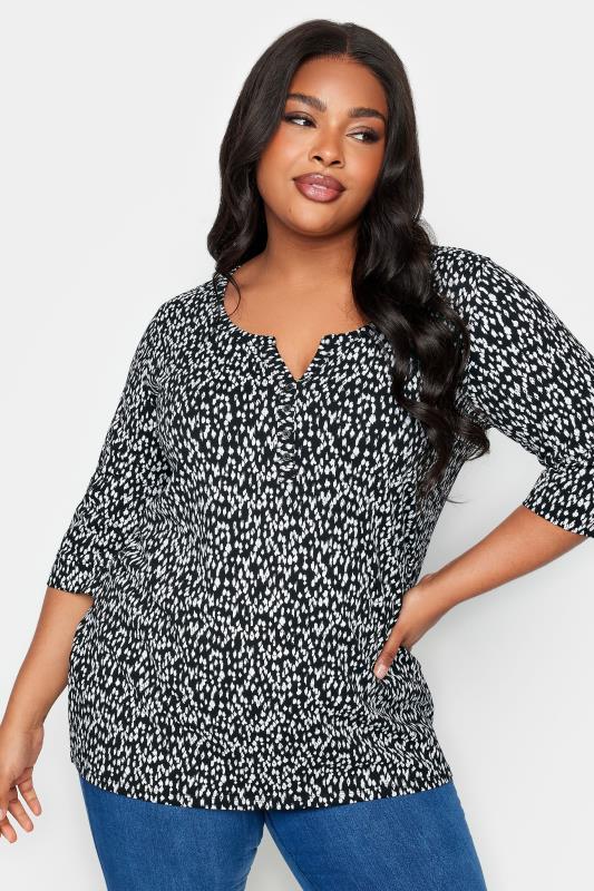 Grande Taille YOURS Curve Black Animal Markings Print Henley T-Shirt