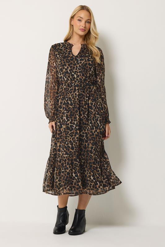 M&Co Brown Animal Print Long Sleeve Ruffle Trim Dress | M&Co 1
