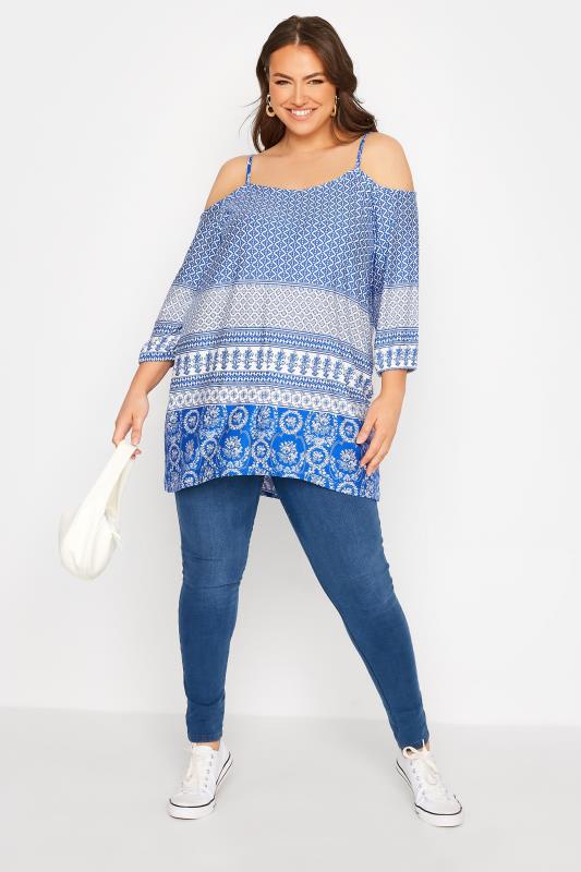 Plus Size Blue Aztec Print Cold Shoulder Top | Yours Clothing 2