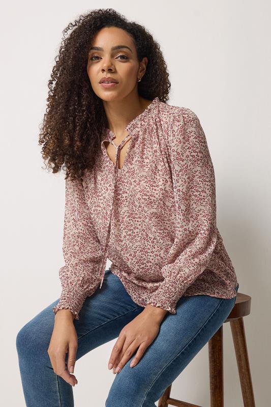  M&Co Cream & Red Floral Print Tie Neck Blouse