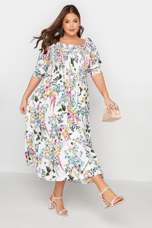 Großen Größen  YOURS LONDON Curve White Floral Puff Sleeve Maxi Dress