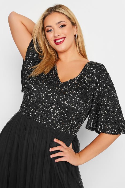 LUXE Plus Size Curve Black Angel Sleeve Hand Embellished Sequin Maxi Dress | Yours Clothing 4