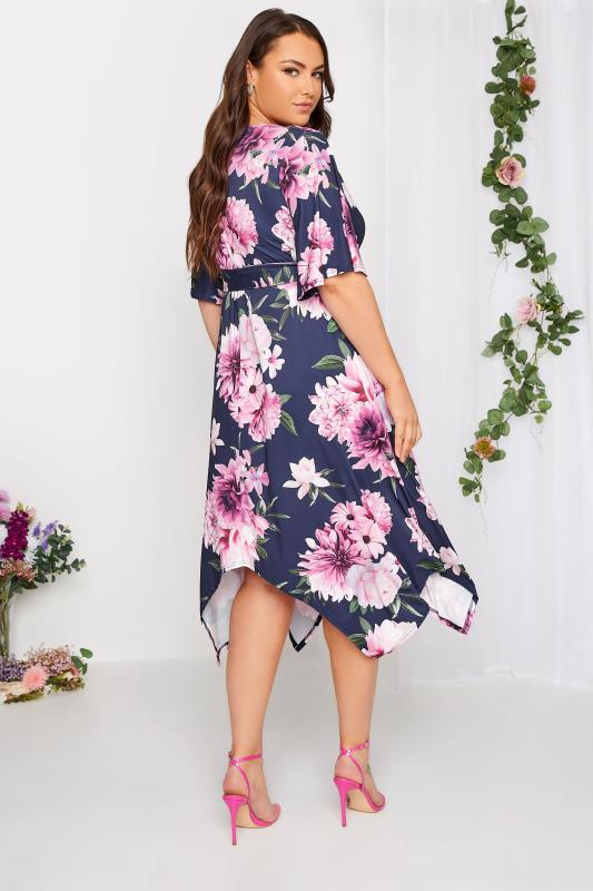 YOURS LONDON Curve Plus Size Navy Blue & Purple Hanky Hem Floral Dress | Yours Clothing  3
