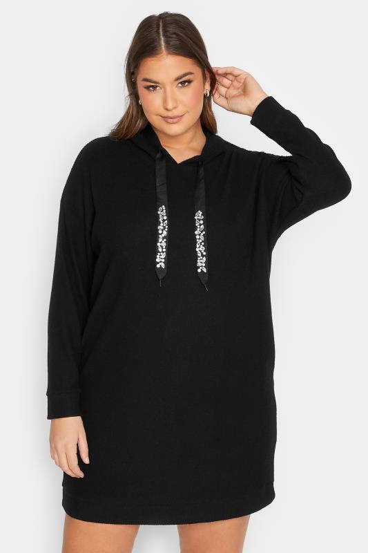 YOURS Plus Size LUXURY Curve Black Sequin Embellished Drawstrings Ribbed Hoodie | Yours Clothing  1