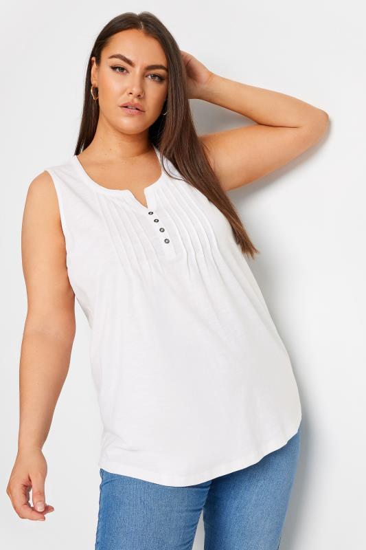 YOURS Plus Size White Pintuck Henley Vest Top | Yours Clothing 1