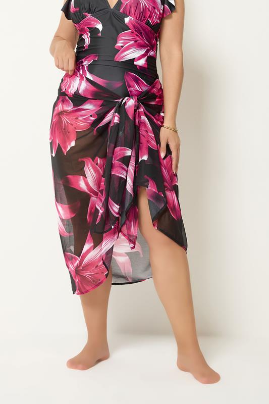 YOURS Plus Size Pink Floral Wrap Beach Sarong | Yours Clothing 1