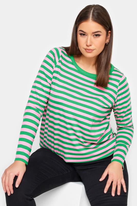 Plus Size  YOURS Curve Green & Pink Stripe Long Sleeve T-Shirt