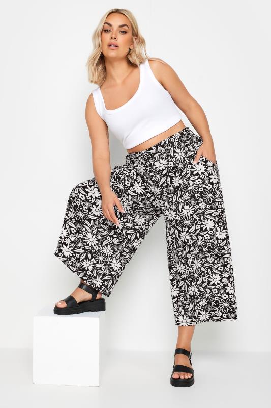YOURS Plus Size Black & White Floral Print Midaxi Culottes | Yours Clothing 2