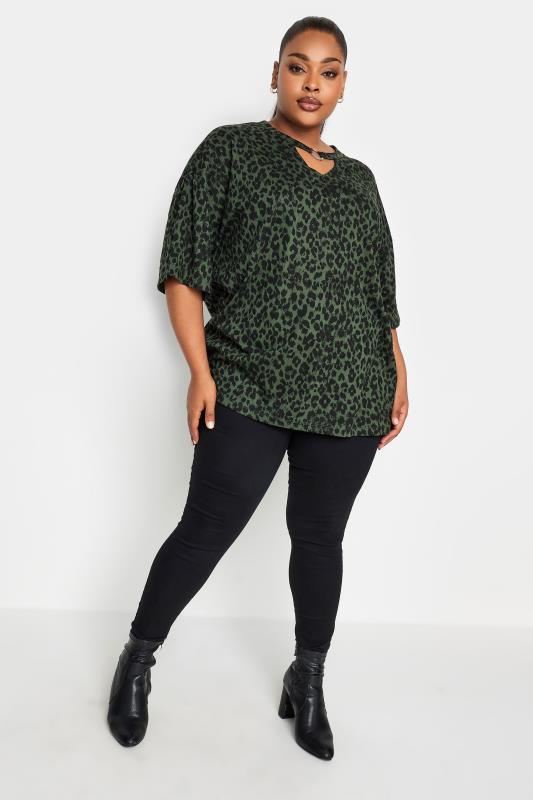 YOURS Plus Size Khaki Green Leopard Print Ring Detail T-Shirt | Yours Clothing 2