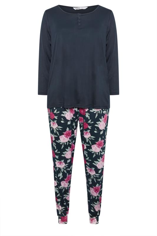 YOURS Curve Navy Blue Floral Print Soft Touch Pyjama Set | Yours Clothing 5