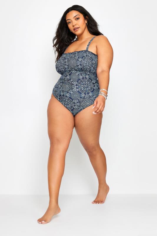 YOURS Plus Size Blue Aztec Print Shirred Tummy Control Swimsuit | Yours Clothing 4