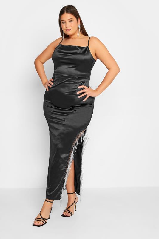 LTS Tall Black Maxi Diamante Spilt Slip Dress | Long Tall Sally 1