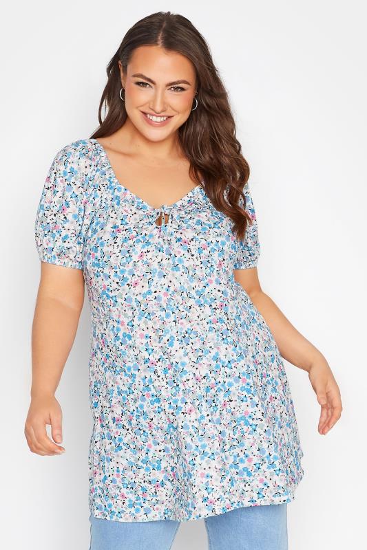 Plus Size Blue Disty Keyhole Gypsy Top | Yours Clothing 1