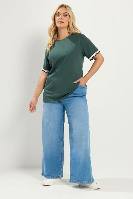 YOURS Plus Size Green Metallic Crochet Trim T-Shirt | Yours Clothing  1