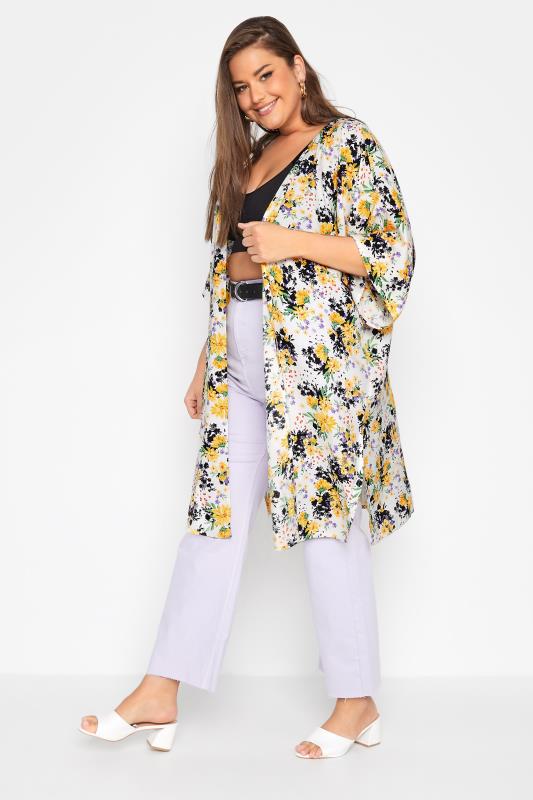 Plus Size Yellow Floral Longline Kimono | Yours Clothing 2