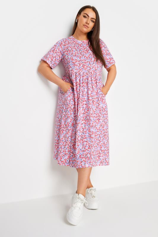 Plus Size  YOURS Curve White & Pink Ditsy Floral Pure Cotton Midaxi Dress