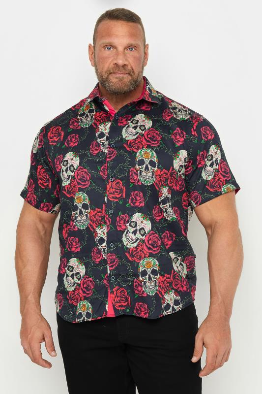  Tallas Grandes KAM Navy Blue Rose & Skull Print Shirt