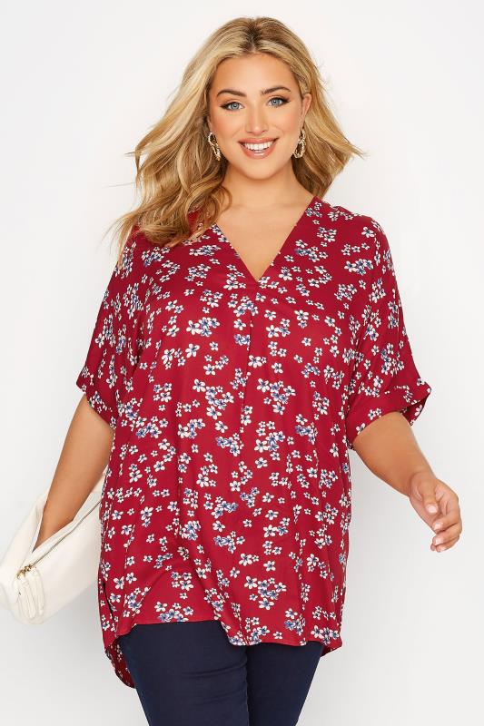 Plus Size Red Floral Print Pleat Front V-Neck Top | Yours Clothing 1