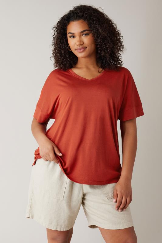 EVANS Plus Size Rust Brown V-Neck Modal Rich T-Shirt | Evans 1