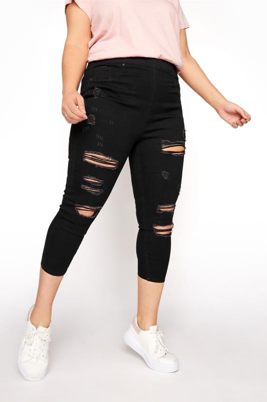 Plus Size  YOURS FOR GOOD Curve Black Extreme Ripped Stretch Cropped JENNY Jeggings