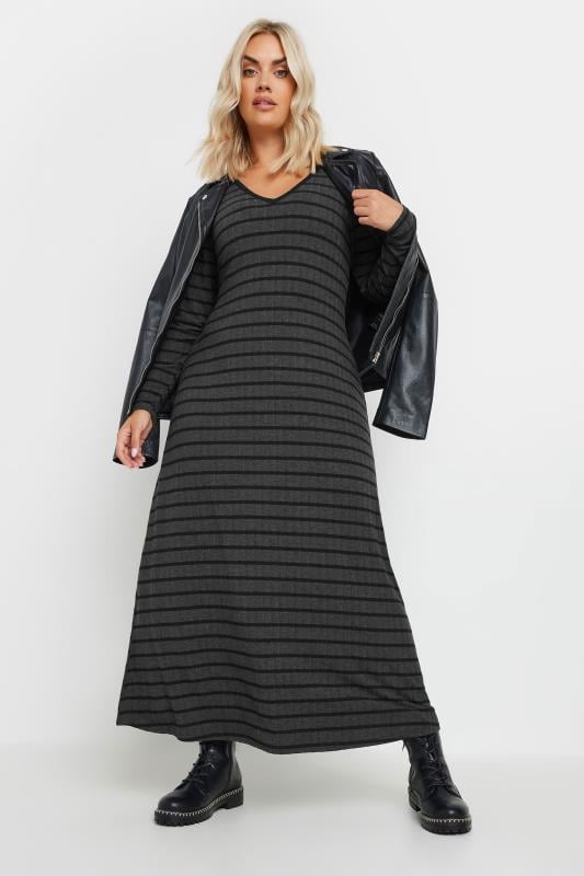 YOURS Plus Size Charcoal Grey Stripe Ribbed Maxi Dress | Yours Clothing 2