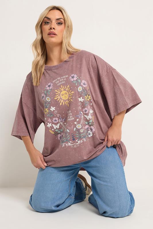  YOURS Curve Pink Floral & Sun Graphic Boxy T-Shirt