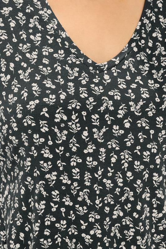 YOURS Plus Size Black Floral Elasticated Hem T-Shirt | Yours Clothing 4