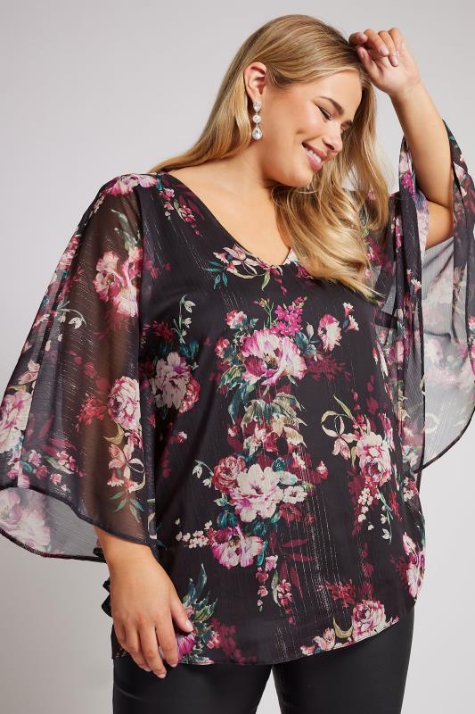 Plus Size  YOURS LONDON Curve Black Metallic Floral Print Cape Blouse