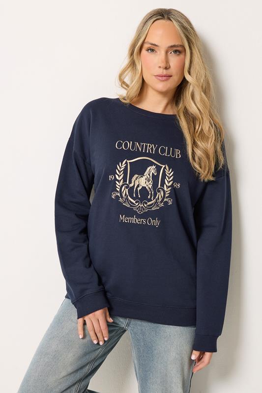 LTS Tall Women's Navy Blue 'Country Club' Embroidered Slogan Sweatshirt | Long Tall Sally 1