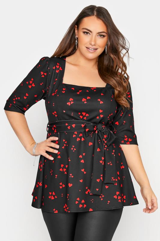 Plus Size YOURS LONDON Black Heart Print Peplum Top | Yours Clothing 1