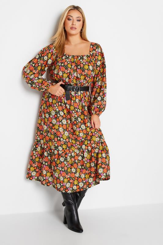 Plus Size Black & Orange Floral Print Balloon Sleeve Midaxi Dress | Yours Clothing 2
