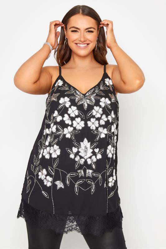 Plus Size  LUXE Black Sequin & Lace Hand Embellished Cami Top