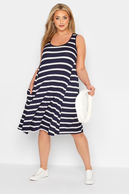 Großen Größen  Curve Navy Blue Stripe Sleeveless Drape Pocket Midi Dress