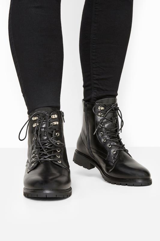 Black Faux Leather Lace Up Combat Boots 