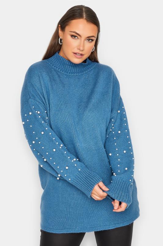 Plus Size  YOURS LUXURY Curve Blue Pearl Embellished Batwing Jumper