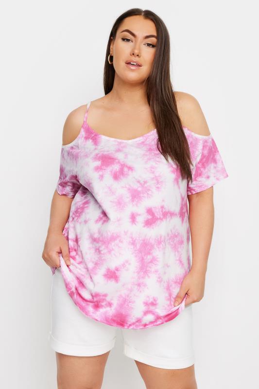 YOURS Plus Size Pink Tie Dye Cold Shoulder Top | Yours Clothing 1