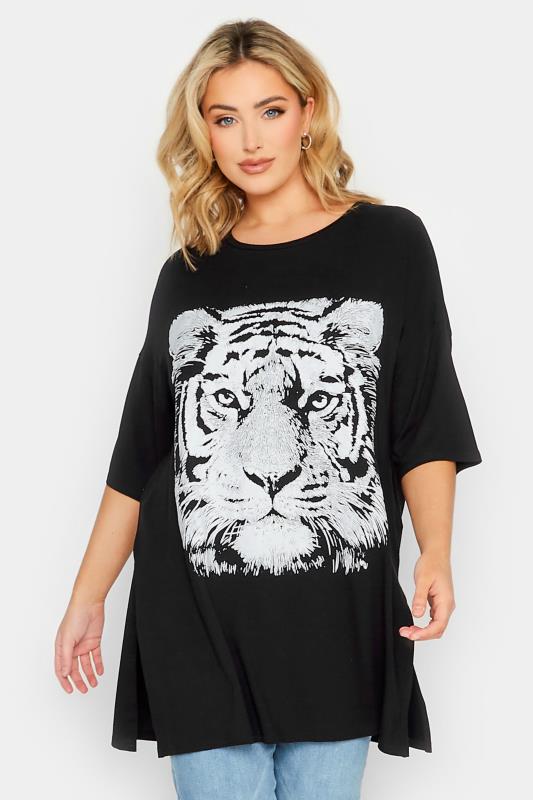 YOURS Plus Size Black & White Tiger Print Split Hem T-Shirt | Yours Clothing 1