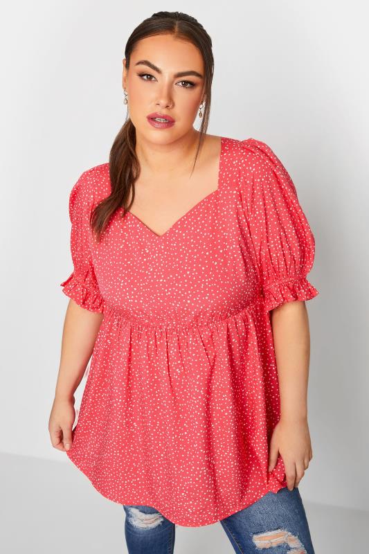 Plus Size  YOURS Curve Pink Spot Print Puff Sleeve Top