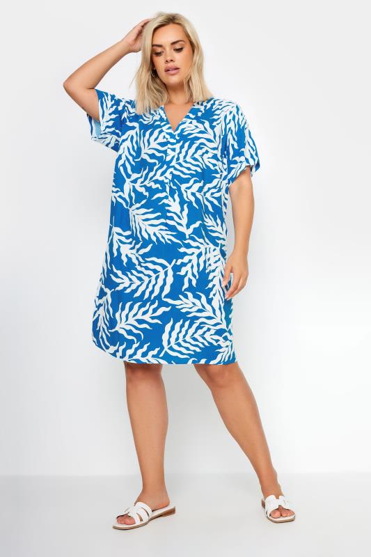 YOURS Plus Size Blue Leaf Print Tunic Dress | Yours Clothing 2