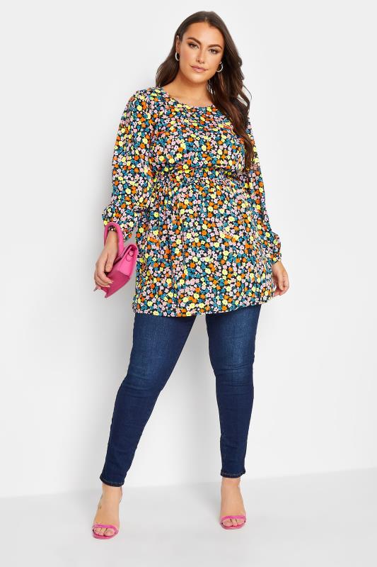 Curve Plus Size Blue & Orange Floral Balloon Sleeve Shirred Waist Peplum Top | Yours Clothing  2