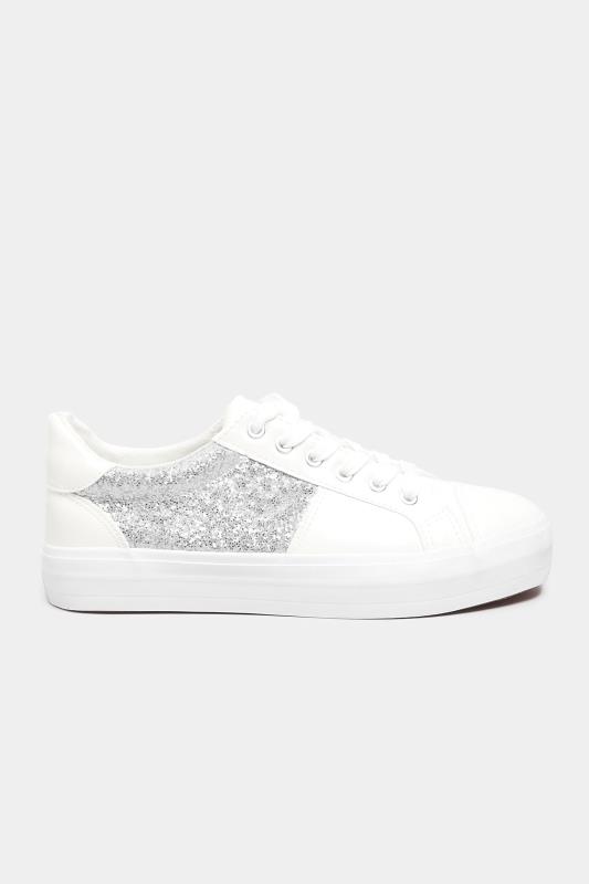 White & Silver Glitter Panel Flatform Trainers In Wide Fit | Yours Clothing 3