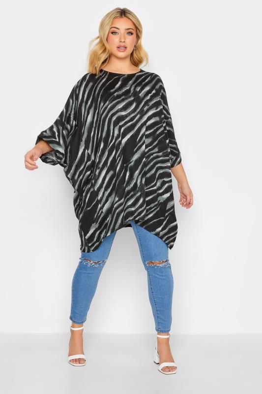 Plus Size Black & Grey Zebra Print Hanky Hem Top | Yours Clothing 2
