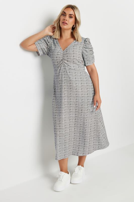 LIMITED COLLECTION Plus Size Grey Check Textured Milkmaid Dress | Yours Clothing  1