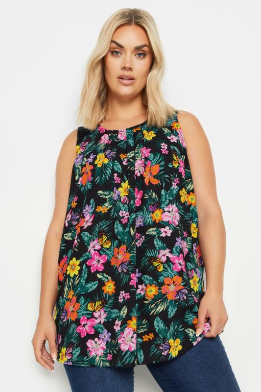 YOURS Plus Size Black Tropical Print Pleated Vest Top | Yours Clothing 1