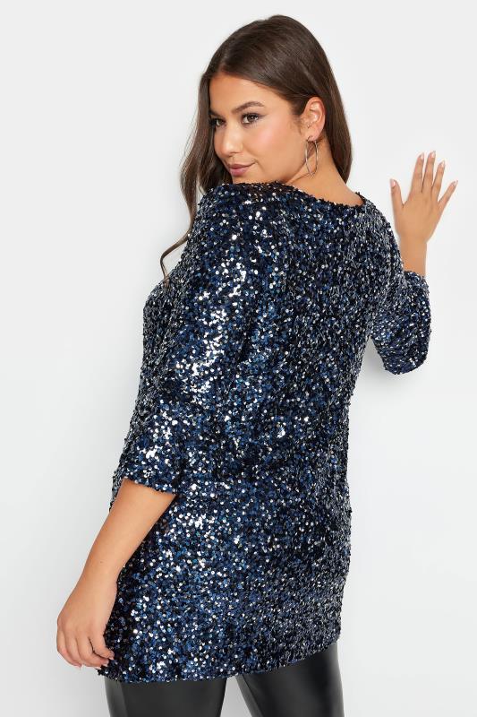 YOURS LONDON Plus Size Dark Blue Sequin Flute Sleeve Top | Yours Clothing 4