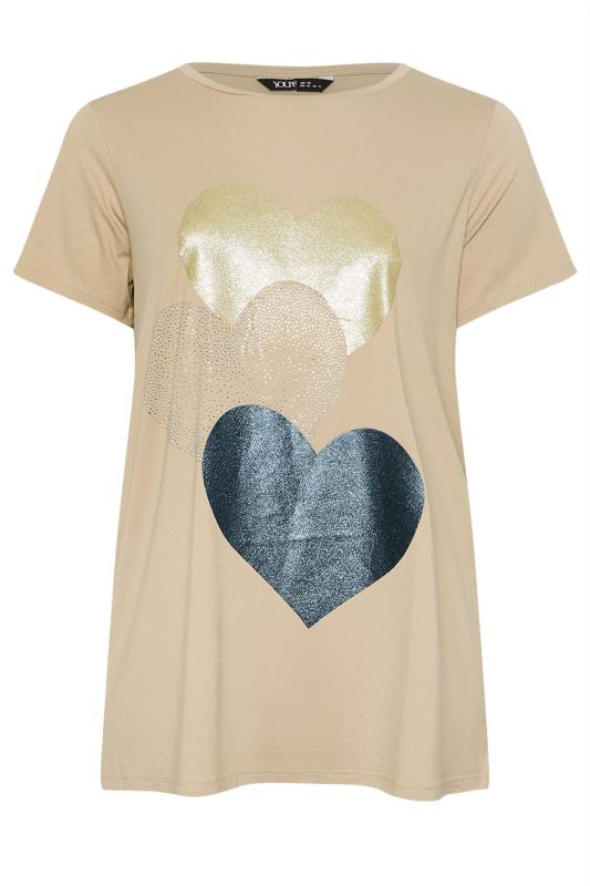 YOURS Plus Size Natural Brown Foil Heart Print T-Shirt | Yours Clothing  5