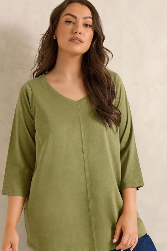 EVANS Plus Size Moss Green V-Neck Cotton Top | Evans 1