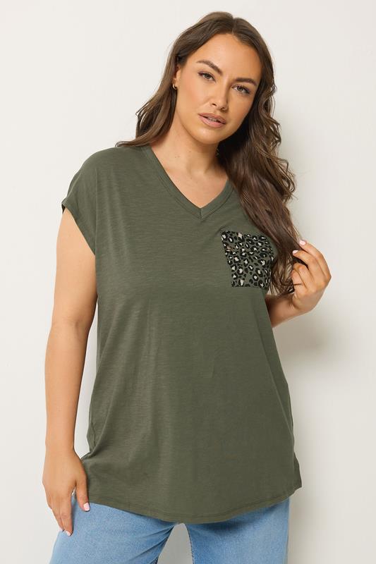  YOURS camiseta de bolsillo caqui verde con tachas de animal