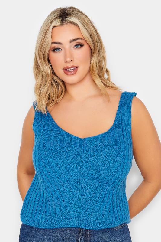 Plus Size  YOURS PETITE Curve Blue V-Neck Ribbed Knitted Vest Top