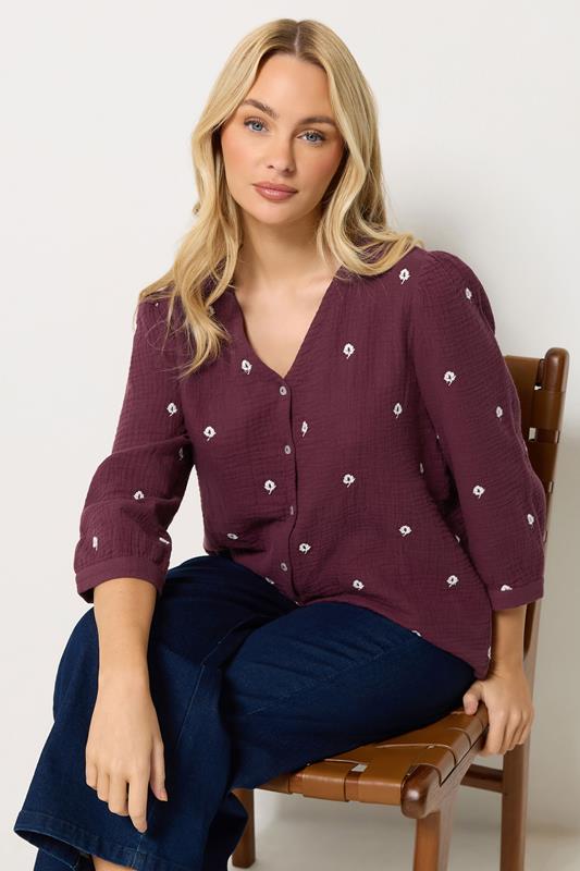 M&Co Berry Purple Floral Embroidered Cotton Blouse | M&Co 1